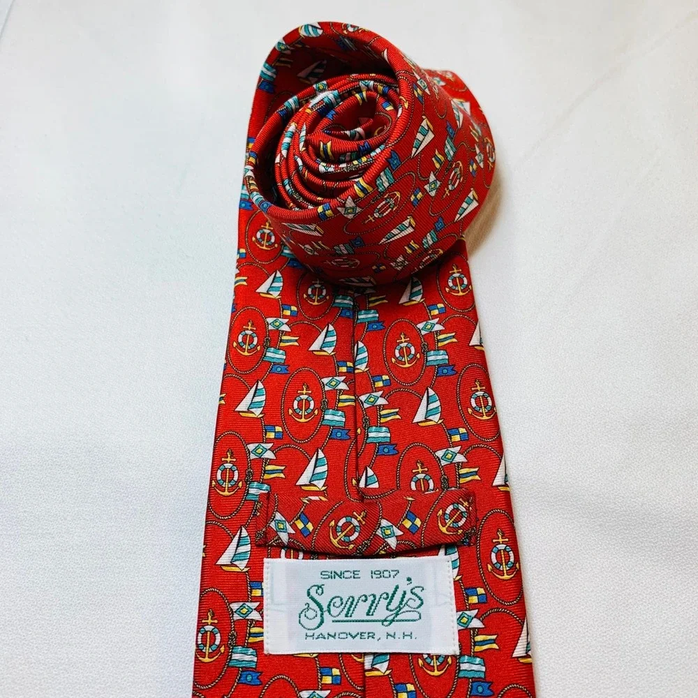 Serry's Necktie All Silk Made in England Nautical Anchor Sailboat Pattern Preppy